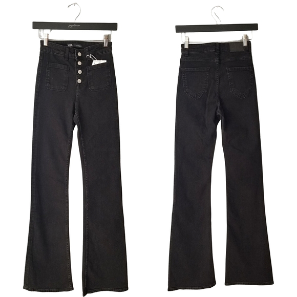 NWT Zara | Faded Black Front Button Flare Jeans 2 - Picture 1 of 7